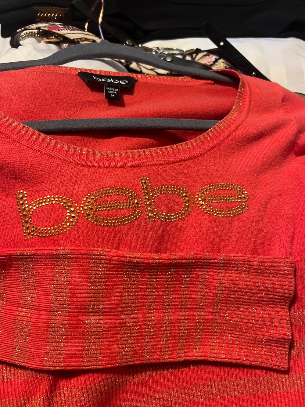 bebe Red Knit Sweater with Gold Logo